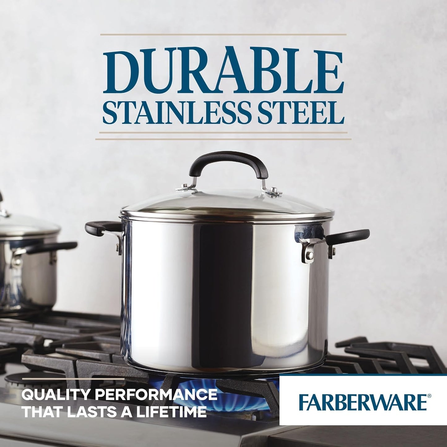 Farberware Brilliance Stainless Steel Stockpot with Glass Lid, 8 Quart, Dishwasher Safe and Induction Ready, Compatible with All Cooktops, Stainless Steel