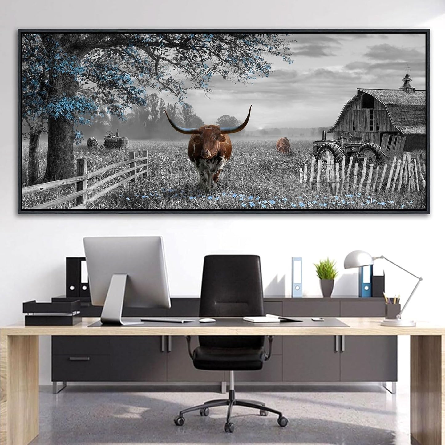 yiijeah Rustic Wall Art - Western Home Decor Cow Picture 86x39 Inches Extra Large Rustic Longhorn Living Room Bedroom Canvas Framed Artwork Farmhouse Wall Decor