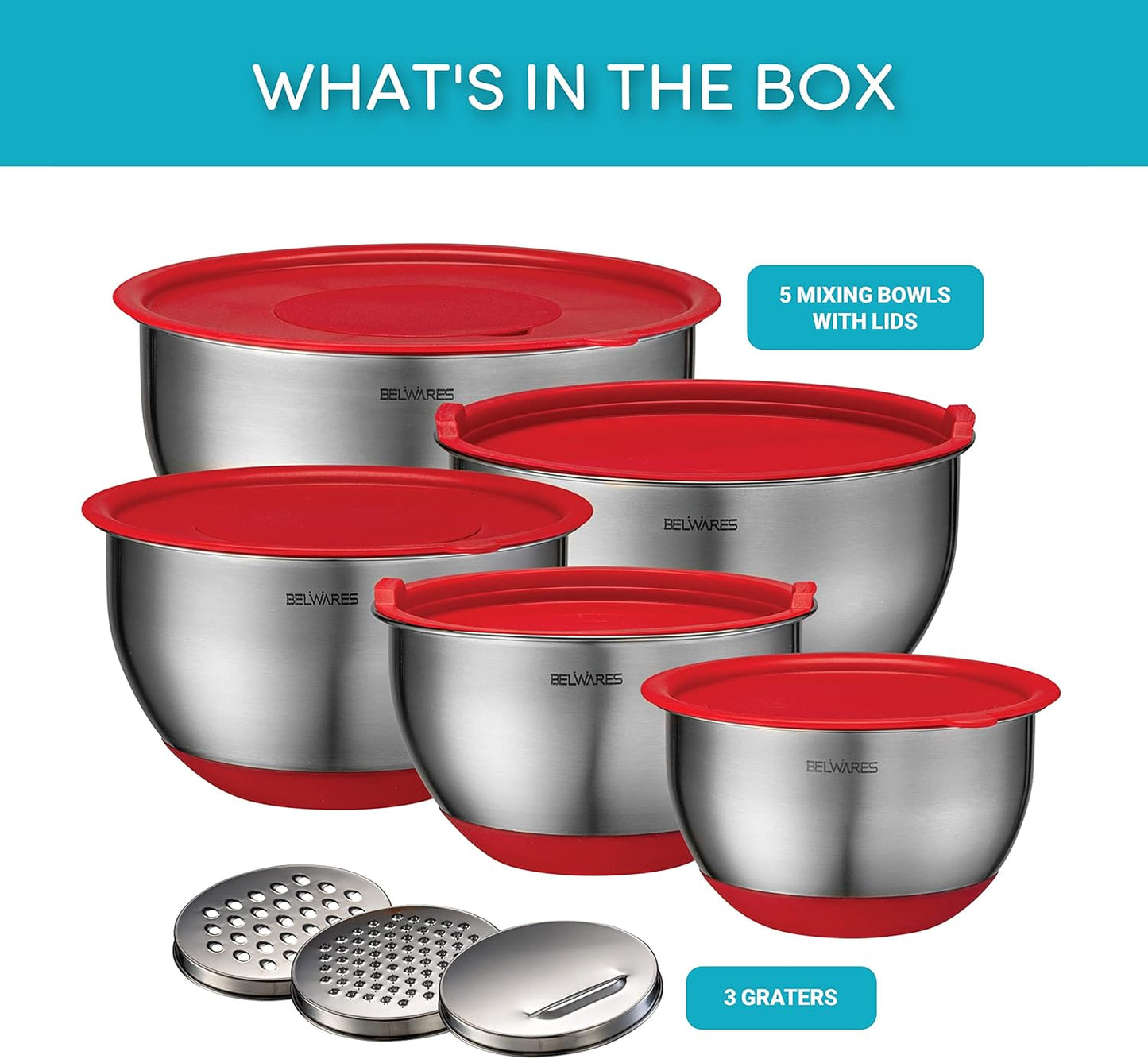 Belwares Mixing Bowls with Lids Set - Nesting Bowls with Airtight Lids + Graters - Stainless Steel Non-Slip Mixing Bowl for Baking, Food Storage and Prepping (Red, 5-Piece Set)