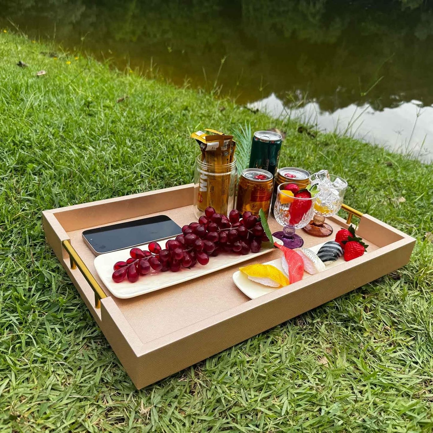 14x20 Inches Champagne Faux Leather Wrapped Wood Serving Tray with Metal Handles for Various Occasions, Ottoman, Home Decorative, Living Room, Coffee Table Organizer, Serving Breakfast On Bed