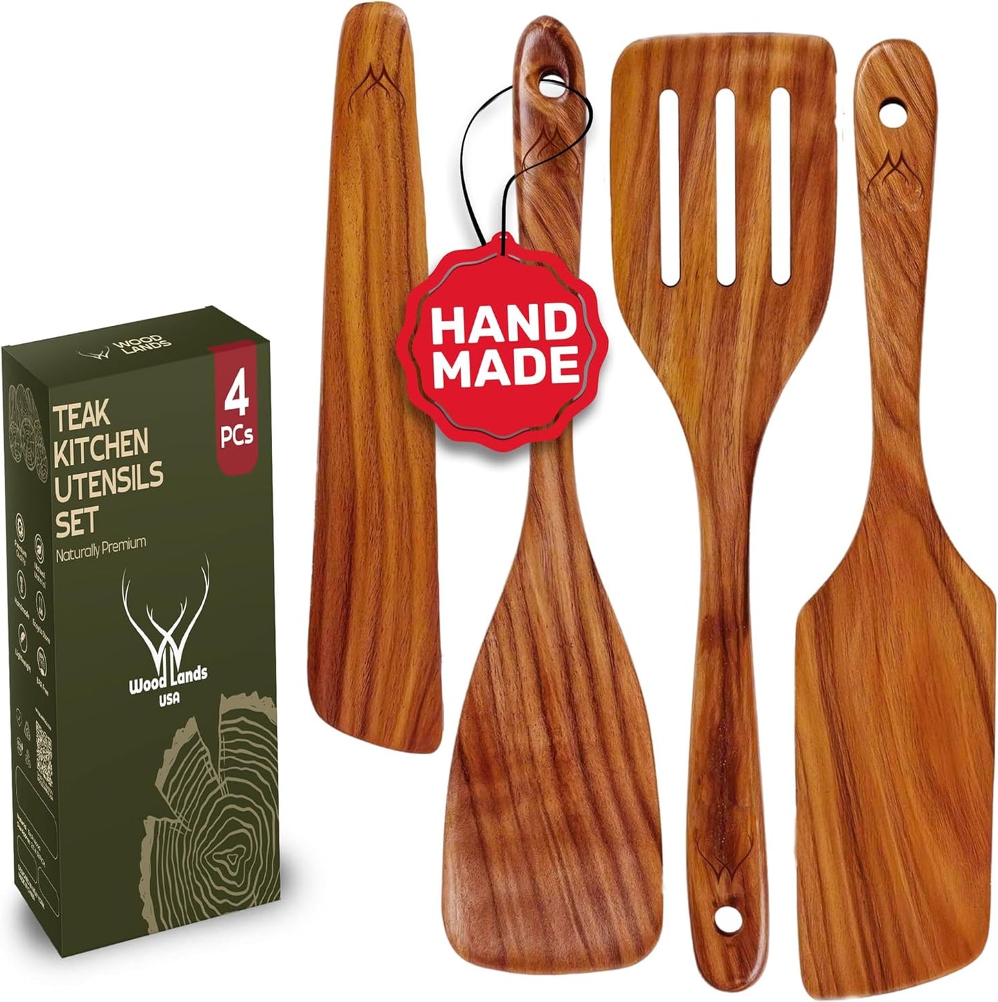 Wooden Spatulas for Cooking - Wooden Kitchen Utensil Set of 4 including Paddle, Slotted Spatula, Frying Spatula, Wood Turner for Nonstick pans - Teak cooking utensils set for Apartment Essentials