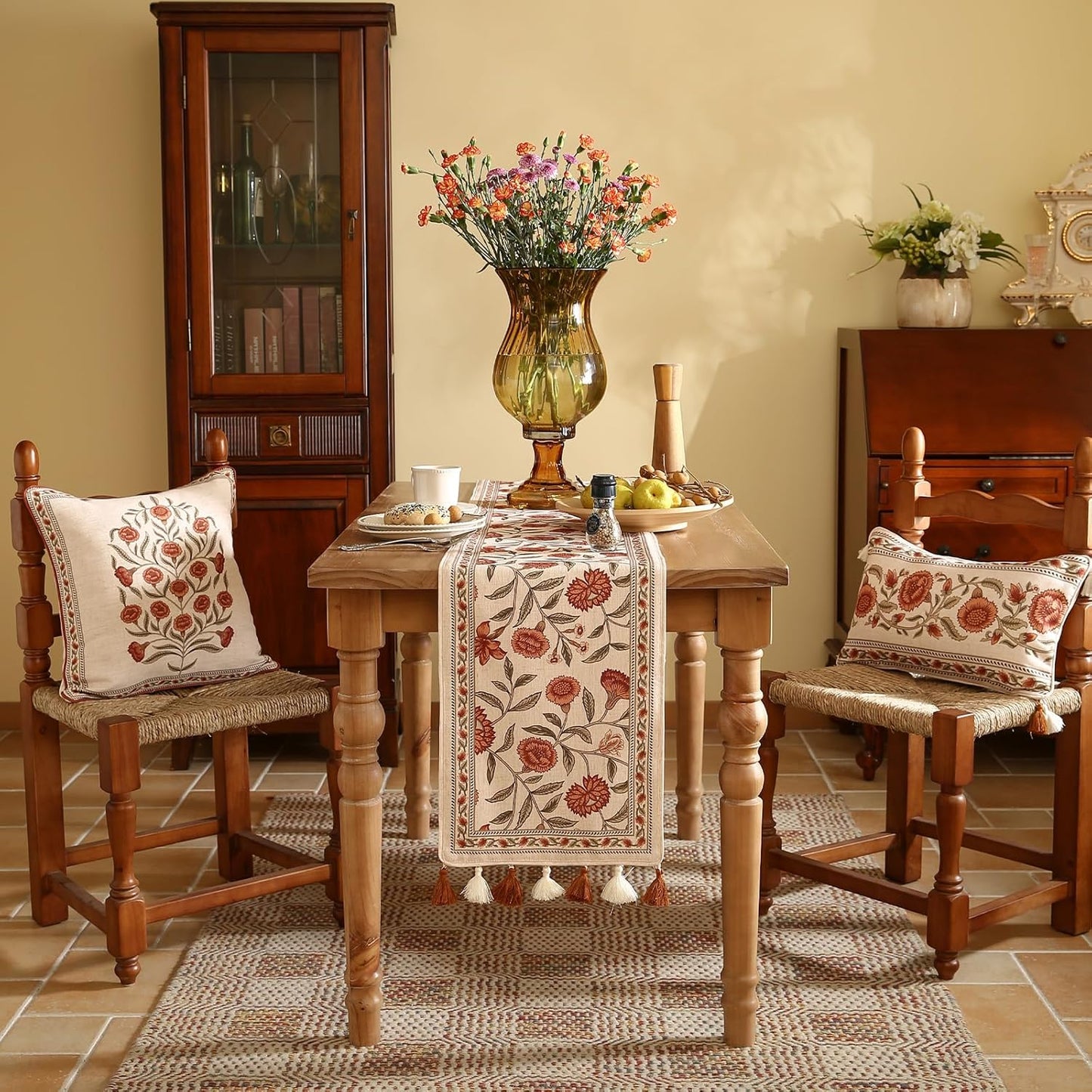 ISAENNE Designer Elegant Linen Table Runner 118 Inches Extra Long,Vintage Orange Floral Pattern Table Runners for Dining Tables,Kitchen Decor,Thanksgiving,Christmas,Banquet,12"*118"-Alvarado A