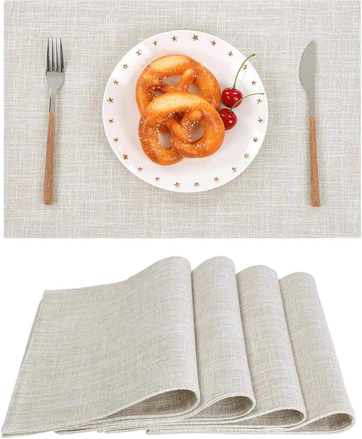 SHACOS Washable Cloth Placemats Set of 4, Double Layer Thick Non Slip Heat Resistant Place Mats, Stain Resistant Faux Linen Modern Farmhouse Table Mats, Ivory