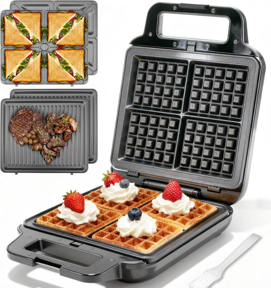 Belgian Waffle Maker with Removable Plates, Waflera Electrica, Large Waffle Iron, 3 in 1 Panini Grill Press Breakfast Sandwich Maker, Electric Griddle, Grilled Cheese Maker, Breakfast Station