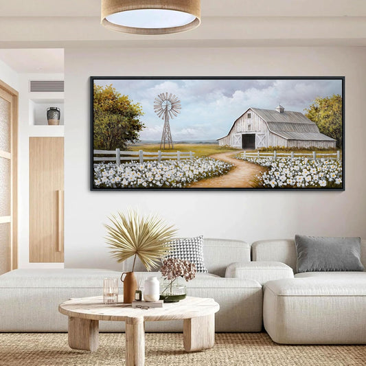 YCPRIMER Extra Large Farmhouse Wall Art Vintage Classical Painting Rustic Countryside Wildflower Field Nature Meadow Landscape Yellow Wall Decor Retro Windmill Barn Canvas Print Wilderness Artwork for Bedroom Living Room 70x31inchs
