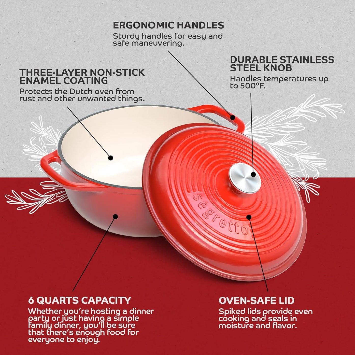 Segretto Cookware Enameled Cast Iron Dutch Oven with Handle, 6 Quarts, Rosso (Gradient Red) Cast Iron Dutch Oven with Lid | Enameled Crock Pot Dutch Ovens comes with Silicone Pot Holders