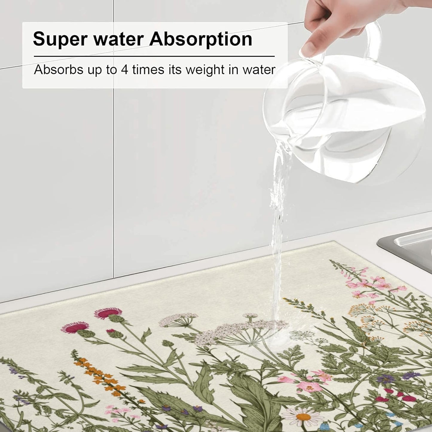 Floral Dish Drying Mat for Kitchen Counter, 18 x 24 Inch Microfiber Spring Summer Dish Mats for Drying Dishes, Antique Herbs and Flowers Dish Drying Pad Kitchen Decor Rack Mat