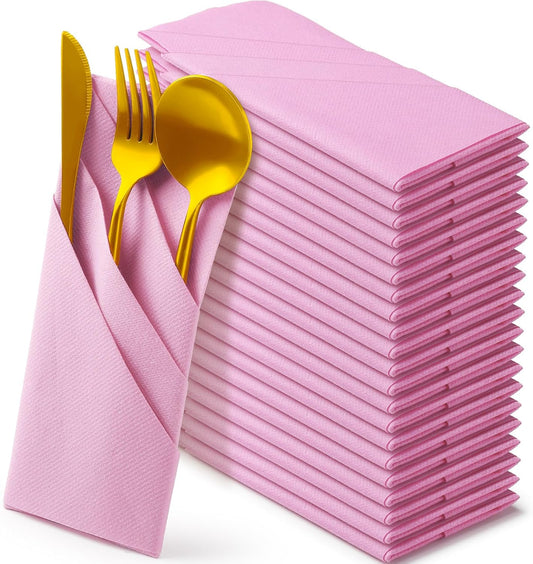 Qilery 50 Pcs Paper Linen Napkins Disposable Airlaid Paper Prefolded Dinner Napkins with Built in Flatware Pocket for Silverware Valentine Wedding Party Christmas Day (Pink)