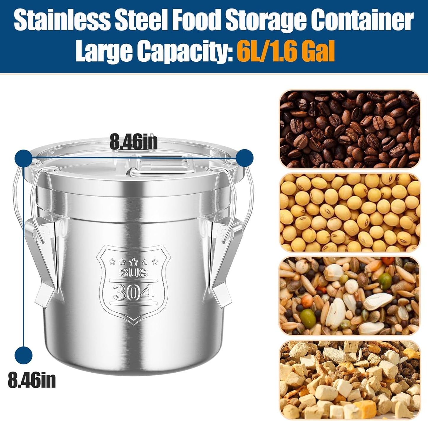 304 Stainless Steel Airtight Canister, 1.6Gal /203oz/6L Airtight Food Storage Container with Lid Lock Clips, Flour Container Metal Bucket Food Storage Container for Rice, Flour, Grain, Coffee Bean