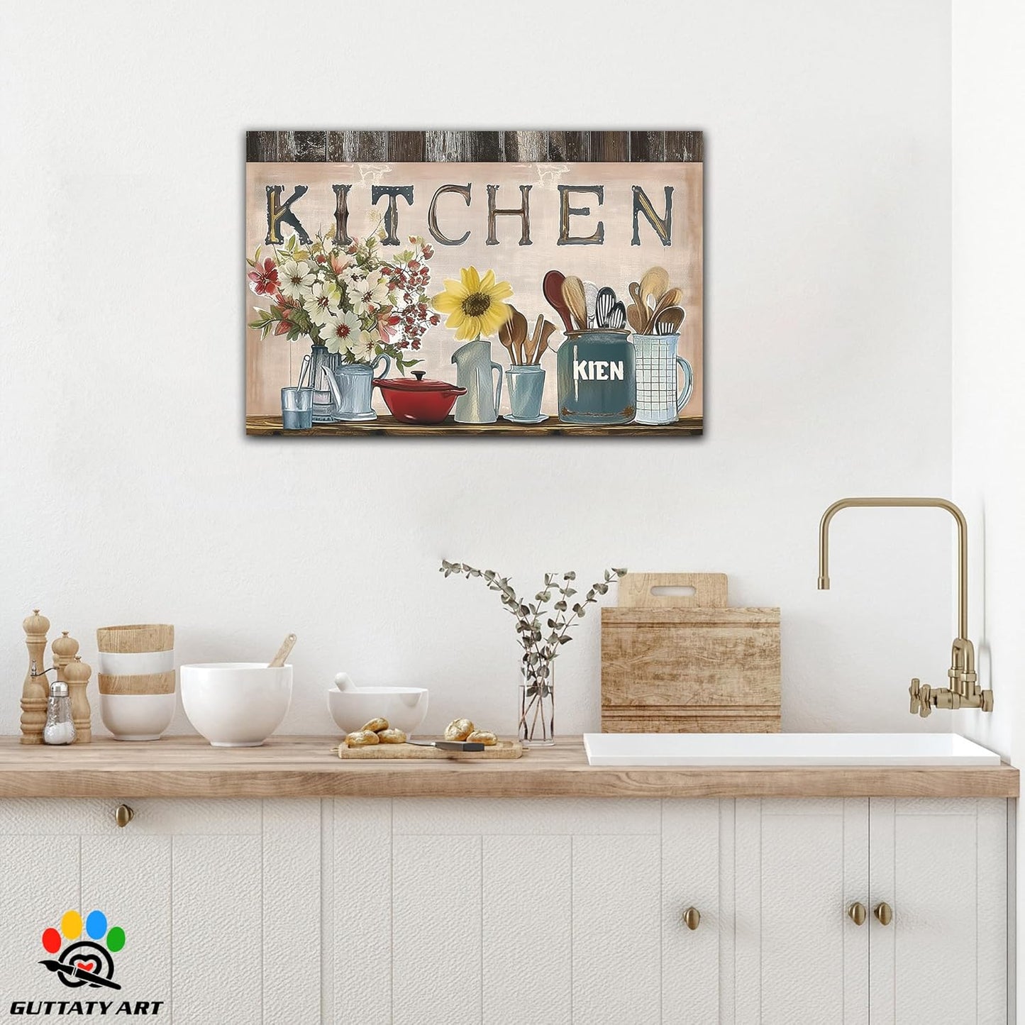 GUTTATY Farmhouse Wall Art Rustic Kitchen Decor, Ready to Hang Kitchen Canvas Print Sunflowers And Various Spoons,Retro Posters Prints for Dinning Room Home Kitchen Restaurant Painting 18×24 Inch
