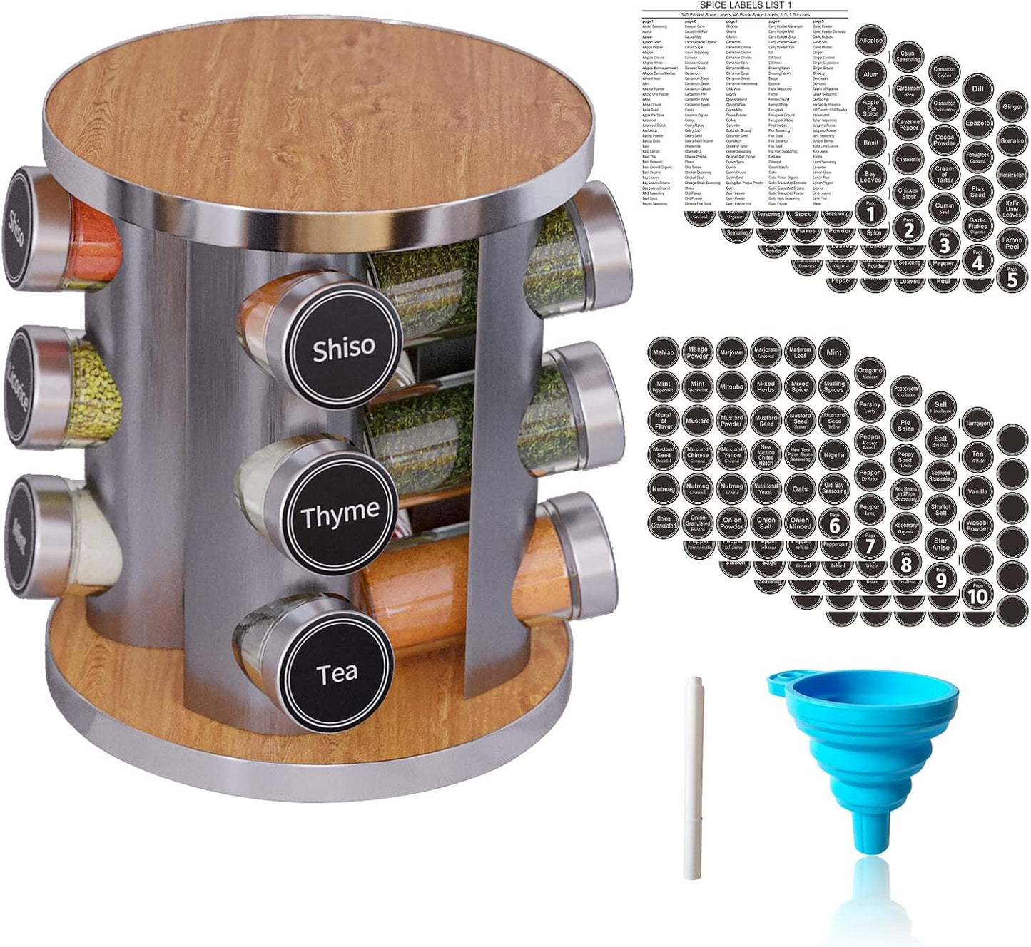 New England Stories Revolving Spice Rack Set with 12 Spice Jars, Kitchen Spice Tower Organizer for Countertop or Cabinet - Carousel Storage Includes 386 Spice Labels