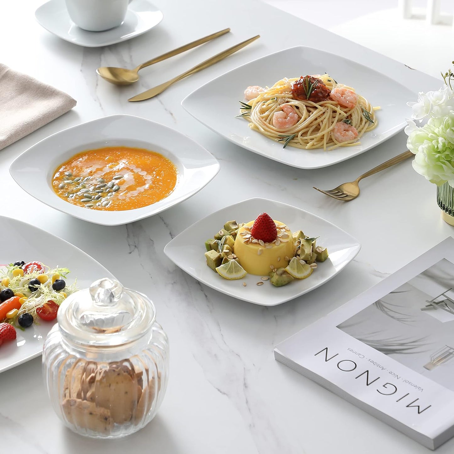 MALACASA Dinnerware Sets, 30-Piece Porcelain Gray White Dinnerware Set Microwave Safe, Square Dish Set with Plates and Bowls Sets, Mugs and Saucers Set for 6, Series Julia