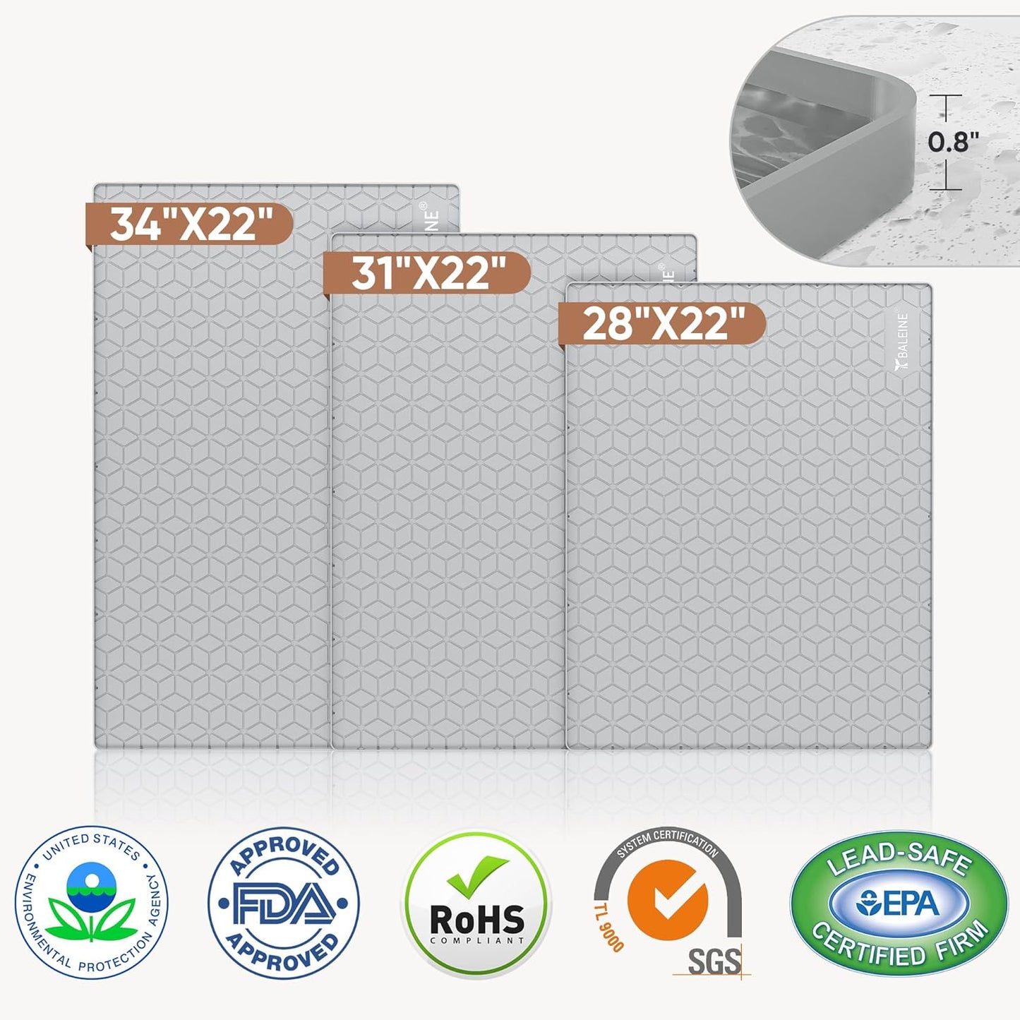 BALEINE 31''×22'' Under Sink Mat, Waterproof Food Grade Silicone Undersink Mat, Cabinet Shelf Drip Tray, Under Sink Liner for Kitchen, Bathroom (Charcoal)