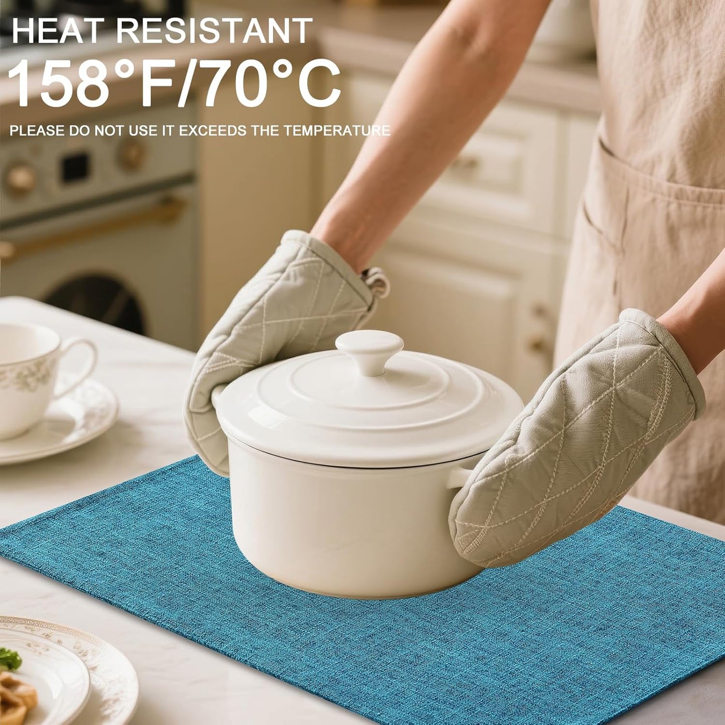 Homaxy Cloths Placemats for Dining Table Set of 6, Heat Resistant Washable Cotton Linen Blend Table Mats, Easy to Clean Place Mats for Indoor Outdoor Party Kitchen Decoration, 13" x 19", Teal