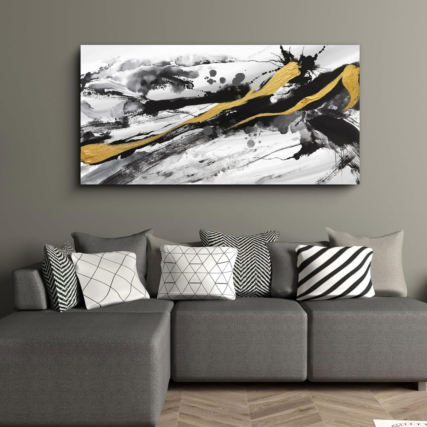 XLSJERST Black and White Abstract Wall Art - Canvas Wall Art for Living Room Bedroom Modern Gold Ink Painting Style Picture Artwork for Wall Decor Size 24x48 Inches