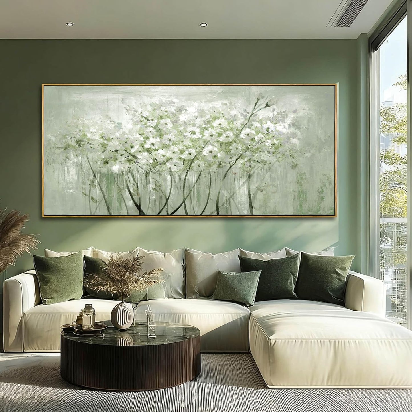 MLART99 Soft Green and White Floral Canvas Extra large Flower Wall Art Texture Botanical Print Plant Posters- 32x70 Inch Modern Home Decor for Living Room Entryway