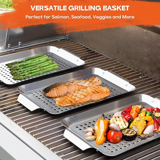 Onlyfire 3 Packs Rectangle Grill Baskets, Stainless Steel Vegetable Baskets, Mini Grilling Basket Set, Grill Pan for Outdoor Grill