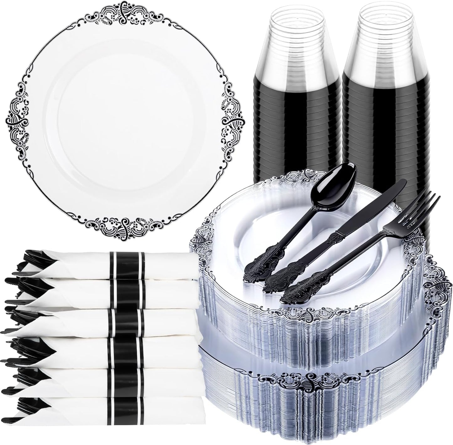 Hioasis 175pcs Clear Black Plastic Plates - Elegant Disposable Dinnerware Set Suitable for 25 Guests Include 10.25" Dinner & 7.5" Dessert Plates, Pre Rolled Silverware Set, Cups for Party & Halloween