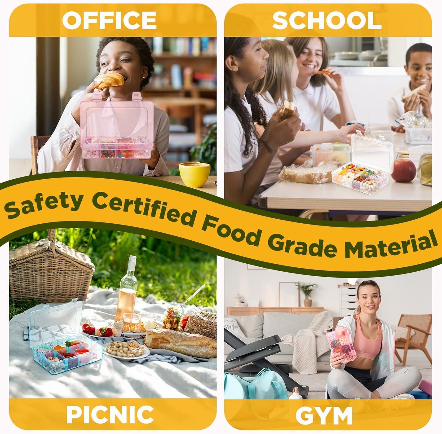 Thyle 3 Pcs Snack Box Container 8 Compartments Snack Containers Reusable Transparent Lunch Box Organizer Small Plastic Food Storage with Lids for Meal Prep School Work Travel (Clear Blue Pink)