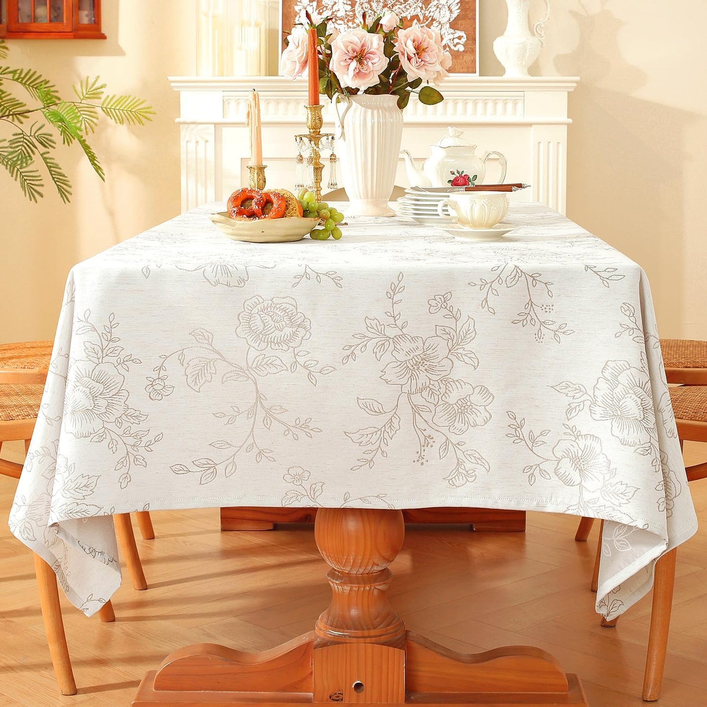 Chassic Premium Vintage Farmhouse Damask Floral 52 x 70 inch Rectangle Table Cloth – Water Resistant Linen Textured Jacquard Tablecloth for Kitchen Dining & Picnic Decor - Beige