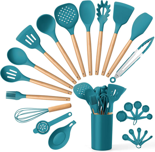 E-far Blue Cooking Utensils Set with Holder, 25-Piece Silicone Kitchen Utensil Set with Wooden Handle for Nonstick Cookware, 446°F Heat Resistant Kitchen Tool Spatula Tongs Whisk, Non-toxic & Healthy