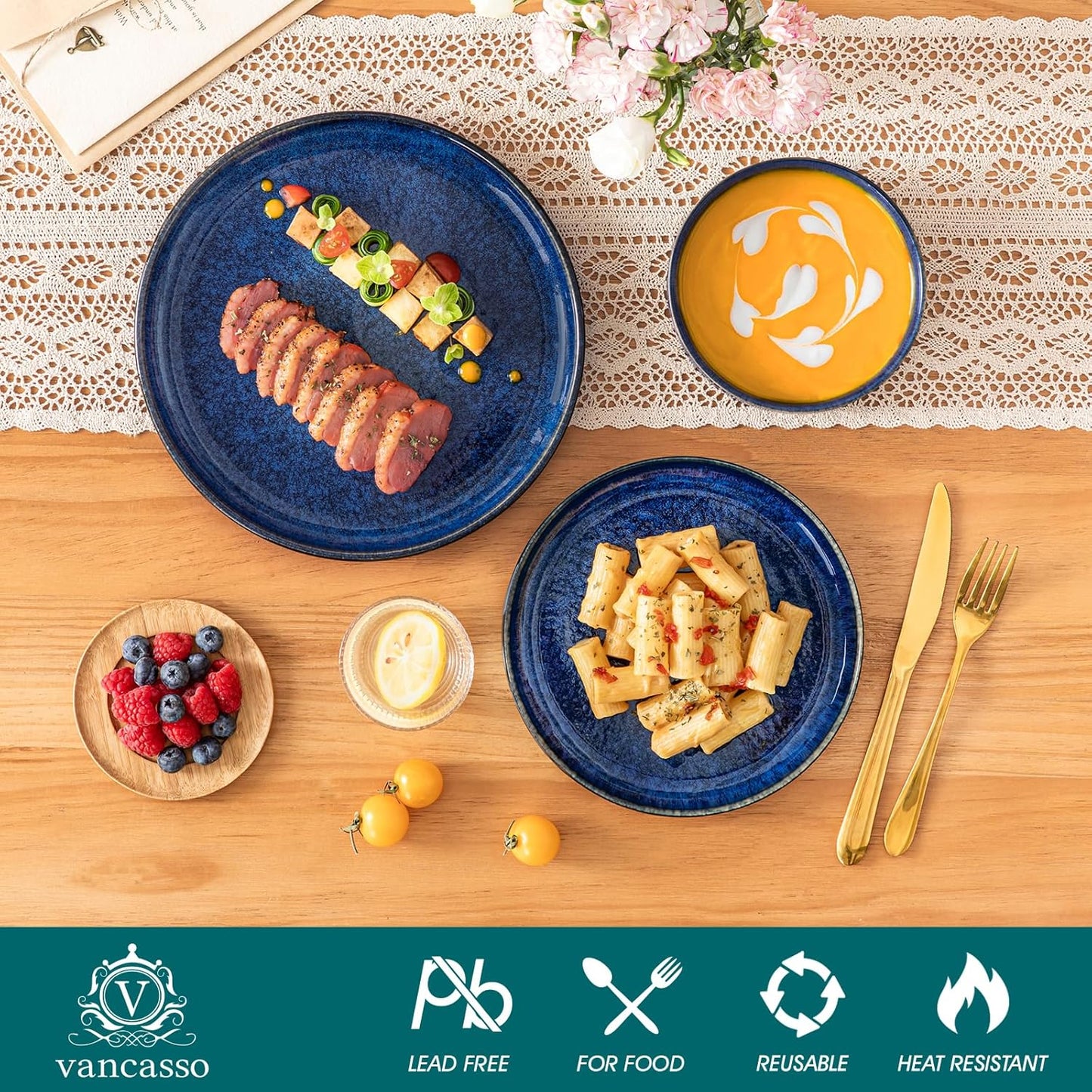 vancasso Starry 12 Pieces Dinnerware Sets for 4, Blue Reactive Glaze Dishes Sets, Ceramic Plates and Bowls Set, Dinner Salad Dessert Plates, and Cereal Bowls Set, Dishwasher and Microwave Safe