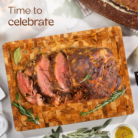 Yes4All Durable Teak Cutting Boards for Kitchen, [20''L x 15''W x 1.5” Thick] Large End Grain Cutting Board, Pre Oiled Wood Cutting Boards, Thick Chopping Board w/Juice Grooves and Easy Grip Handle