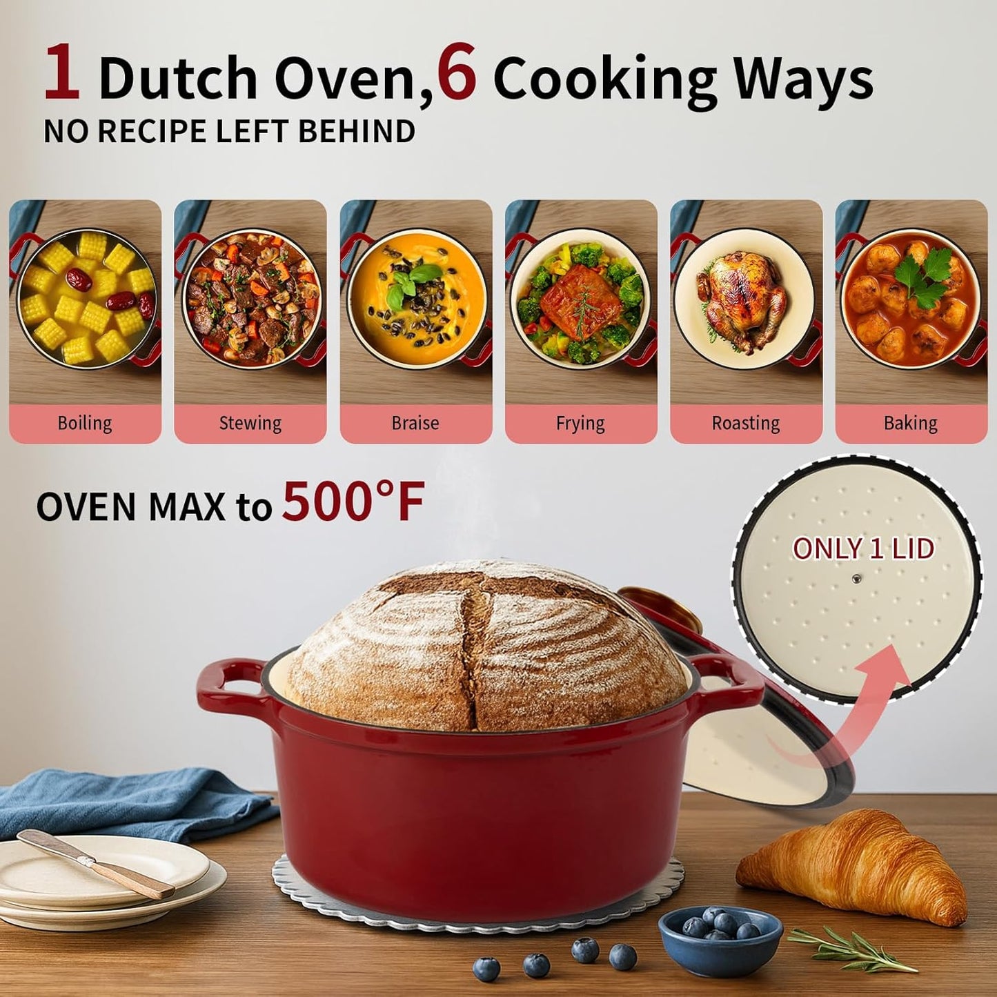 Enamel Cast Iron Dutch Oven with Lid,2.75QT Round Casserole Pot for Bread Baking, Braising,Roasting, Stews and Soups,Multipurpose Cookware,Oven Safe and Induction Compatible (2.75QT,Red)