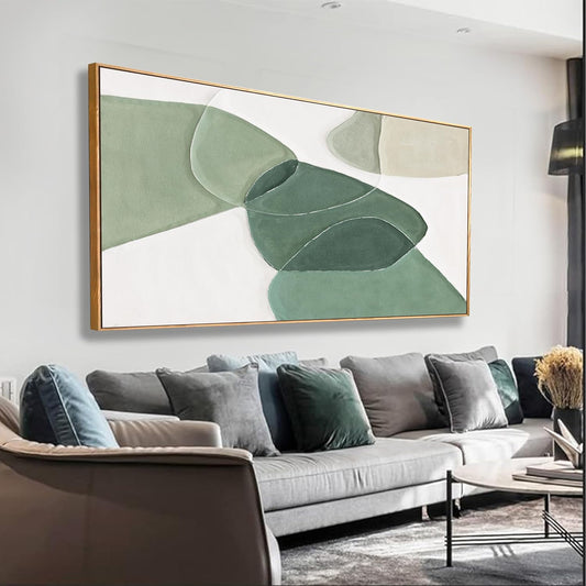 Framed Wall Art Canvas Artwork Green And White Geometric Color Block Line Art Canvas Paintings Wall Decor Modern Home Bedroom Art Office Decor 20"X 40" Framed Ready To Hang