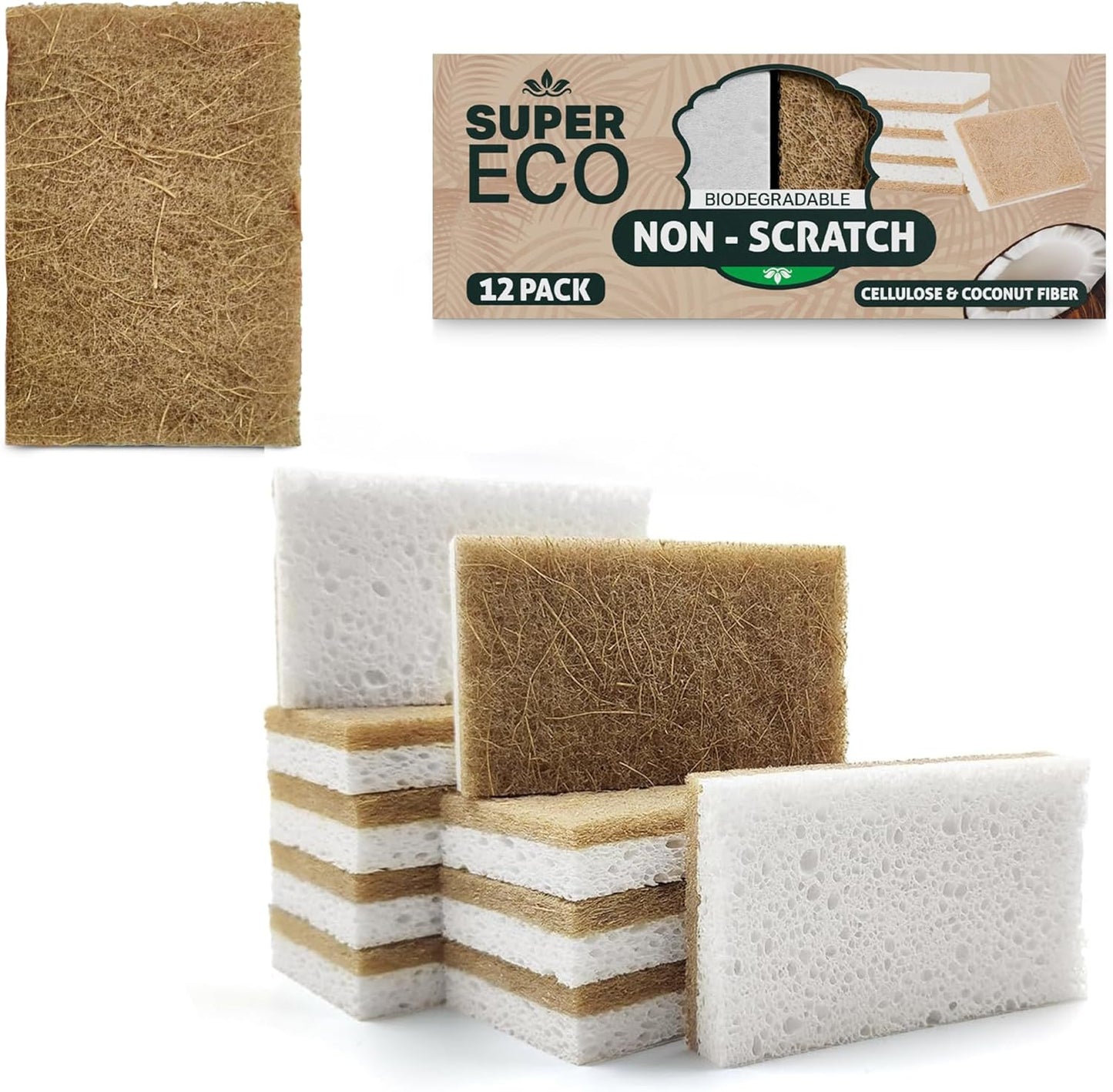 Natural Kitchen Sponges Pack of 12 - Biodegradable Compostable Cellulose & Coconut Scrubber Sponge with Non-Scratch - Long Lasting, Sponges for Dishes, Heavy Duty Dish Scrubber (Rectangular)