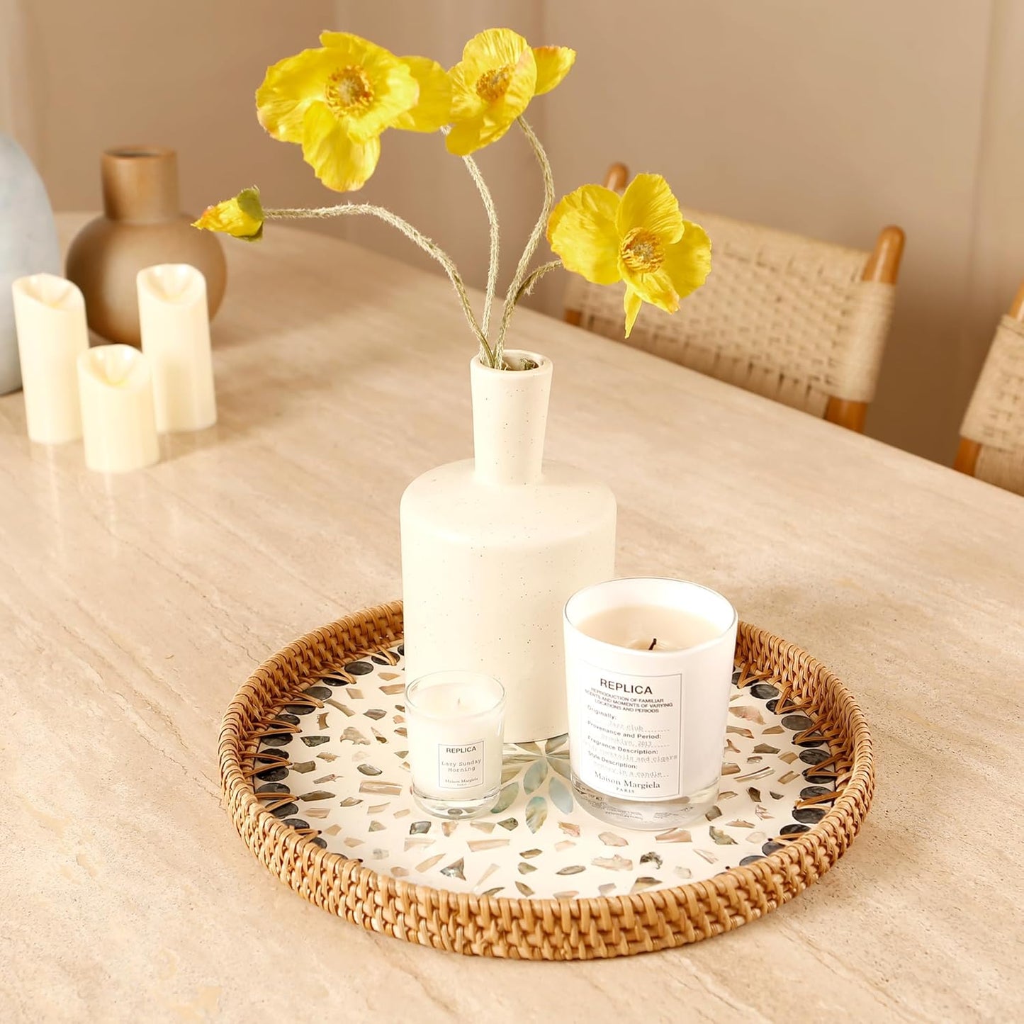 Round Rattan Tray with Mother of Pearl Inlay & Wooden Base - Decorative Wicker Serving Tray for Coffee/Bread/Fruits, Food Storage & Display - Multipurpose Home Decor (M,Blue Shells)