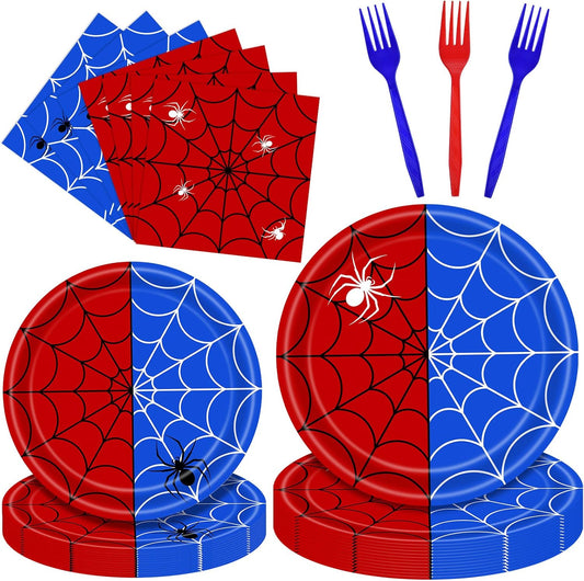 100 Pcs Spider Web Tableware Party Supplies – Disposable Red and Blue Web Paper Plates, Napkins, and Forks for Superhero Birthdays, Kids Parties, and Comic Theme Celebrations – Serves 25
