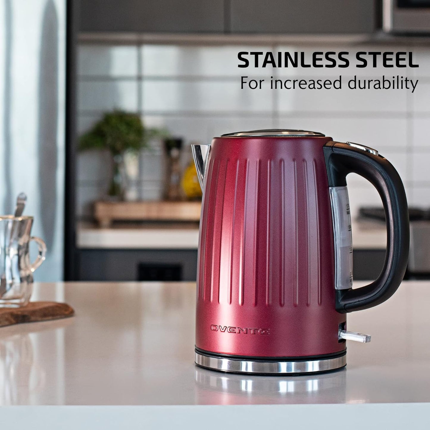 OVENTE Electric Kettle, 1.7L Stainless Steel Fast Boiling Water Heater with 1750W Power, BPA Free & Cordless Body, Auto Shut-Off, Boil-Dry Protection, Indicator Light & Removable Filter, Maroon KS711M