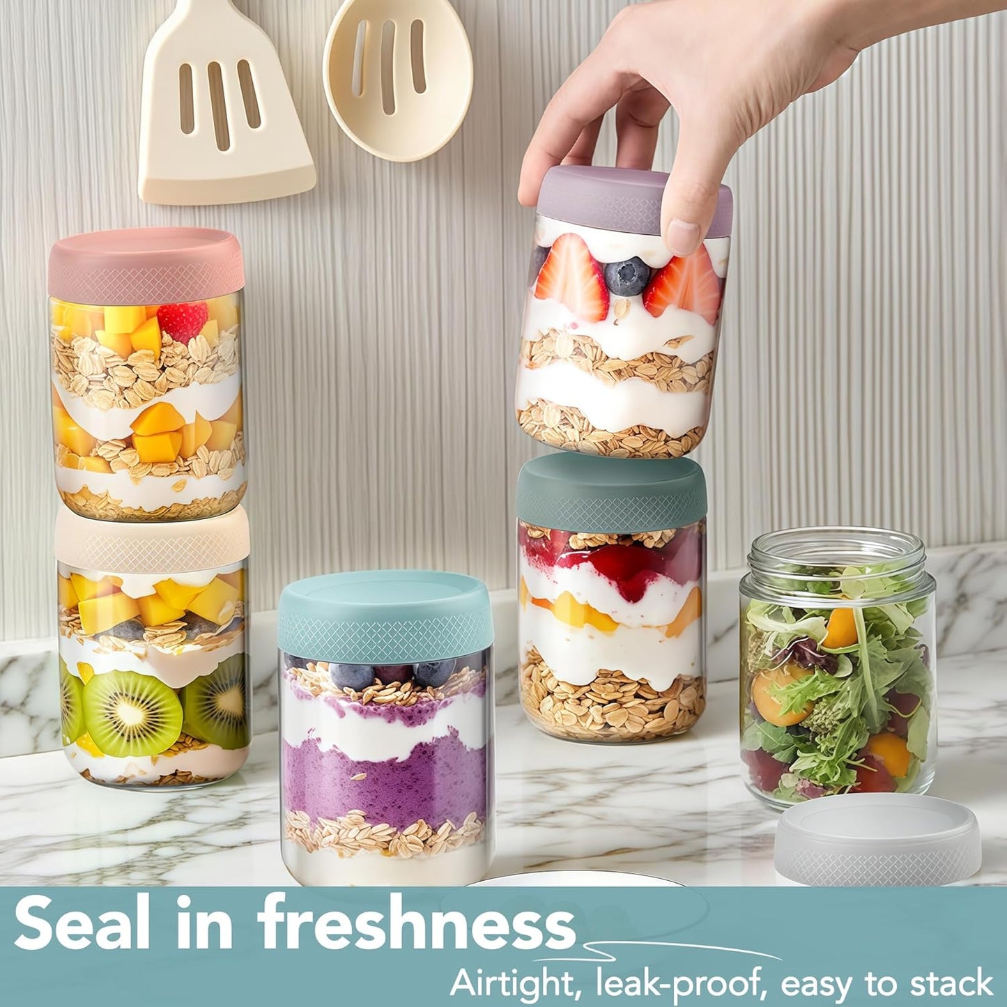 6-pack Overnight Oats Containers with Lids, 16oz Clear Glass Jars with Airtight Lids, Wide mouth Mason Jars, Food Storage Containers for Meal Prep Chia Spice Cereal Snacks Yogurt Salad Pudding Sugar