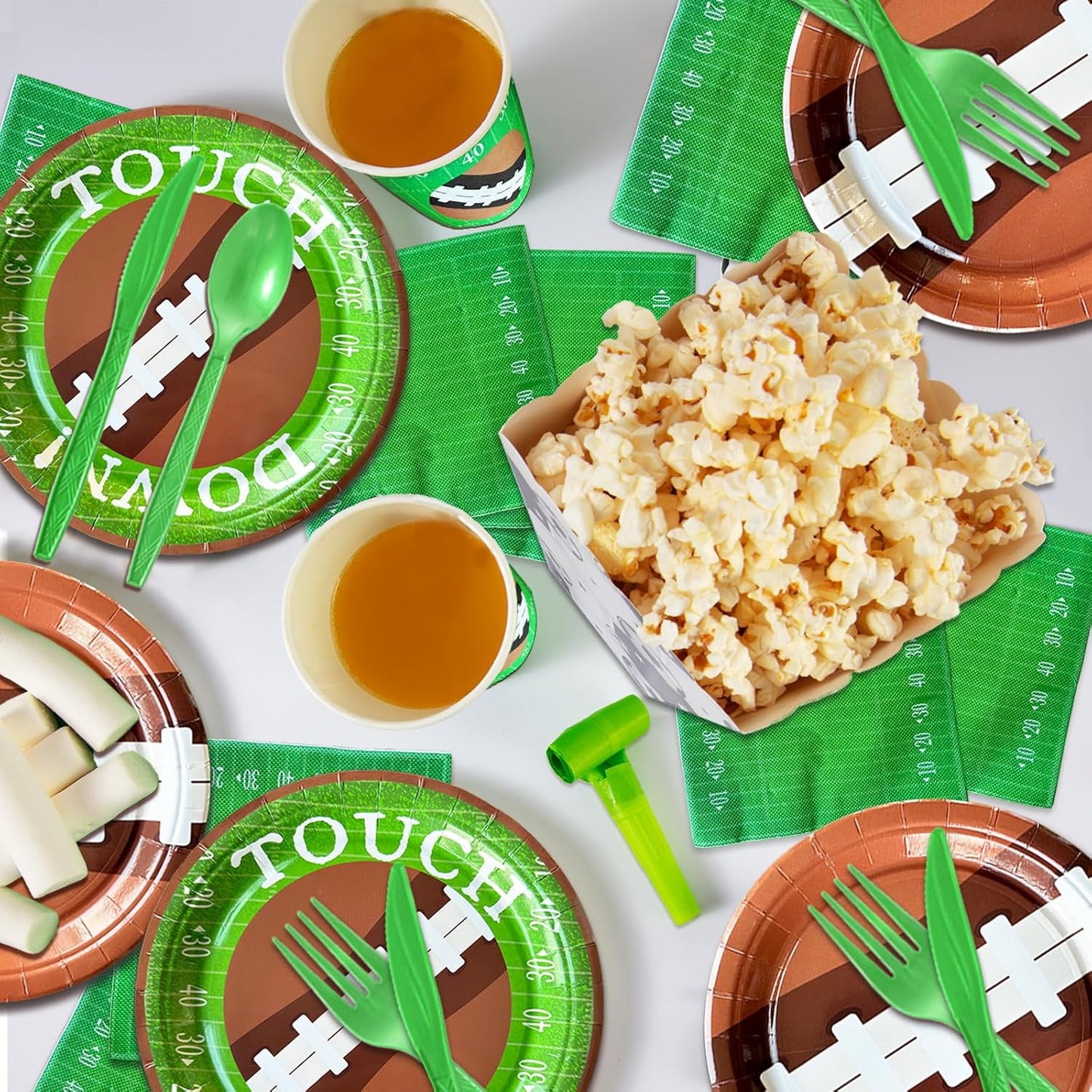 350 PCS Football Party Decorations, Plates and Napkins Sets Includes Plates Dessert Napkins Cups Plastic Knives Forks Spoons Disposable Dinnerware Set For Football Party (50 Guest)