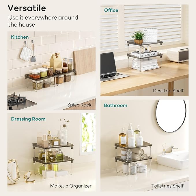 2 Pcs Cabinet Organizer Shelf，Stackable Kitchen Counter Shelves, Spice Rack,Countertop Organizers，Black Plastic Storage Shelves Rack for Makeup，Bathroom, Cupboard，Desk，Pantry Organization