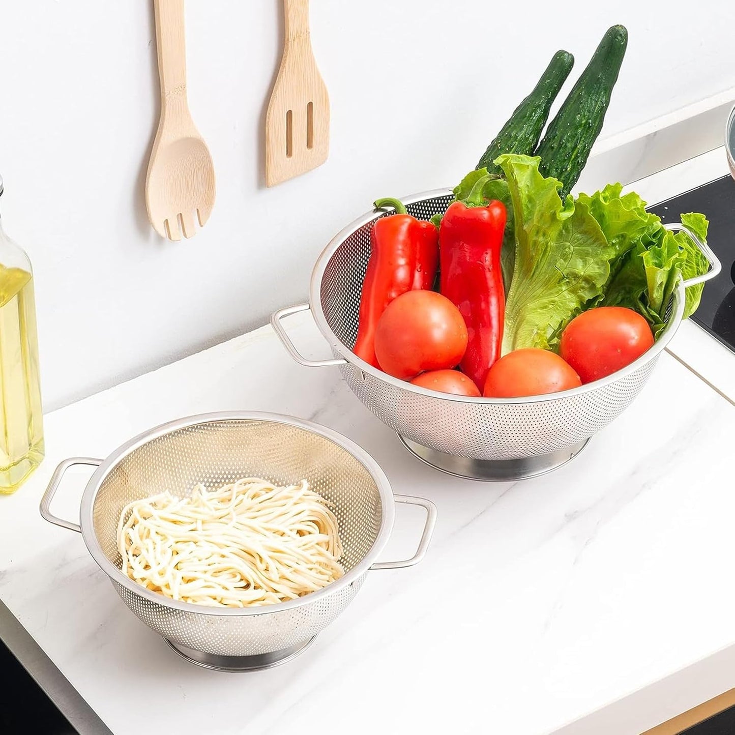 Kaishun Colander Stainless Steel Set(5-Quart and 3-Quart), Kitchen Strainer for Pasta, Fruits Vegetables, Dishwasher Safe