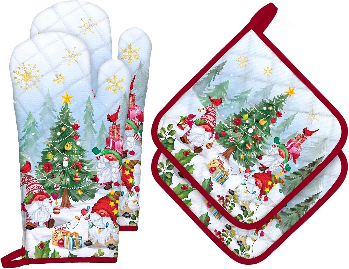 Christmas Winter Gnomes Oven Mitts and Pot Holders Sets 4Pcs, 100% Cotton Heat Resistant, Extra Long Oven Gloves Potholder for Kitchen Cooking Baking Decoration