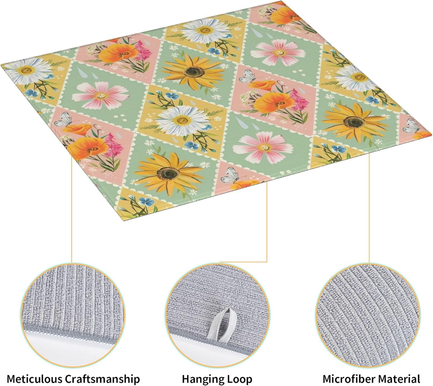 Daisy Flowers Dish Drying Mat 16x18 Inch, Microfiber Absorbent Fast Dry Mat Floral Large Dish Mat Drying Kitchen Mat, Kitchen Drying Pad for Kitchen Counter Coffee Bar Decor Gifts