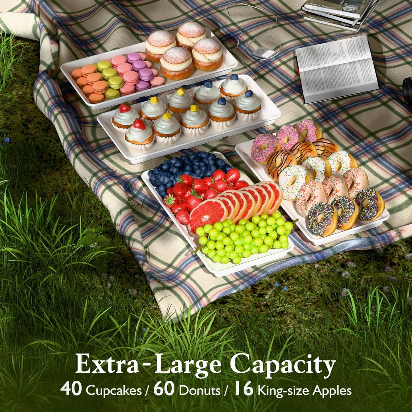 Extra Large Serving Tray Melamine Plastic for Party Supplies, 14" x 7" Platters for Serving Food, 4 pcs White Reusable Tray for Veggie, Snack, Fruit, Cookies, Desserts in Kitchen/Pantry Organization