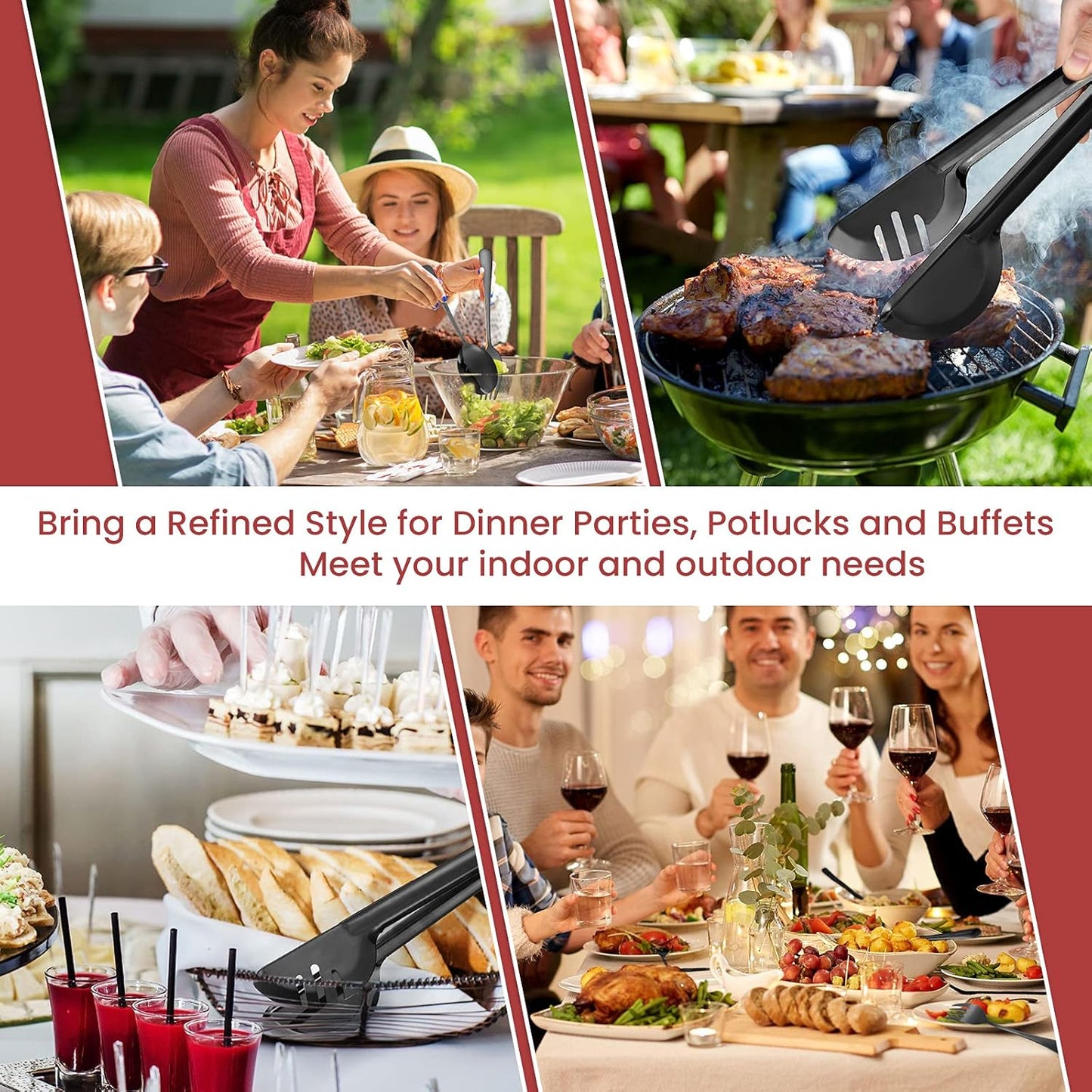 Patelai 8 Pieces Christmas Stainless Steel Black Serving Utensils Set 8.7" Large Spoons and Slotted Spoon 9.45" Tong 9" Forks Flatware Wedding Party Buffet Banquet Cooking Kitchen Catering