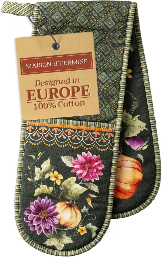 Maison d' Hermine Double Oven Mitt (7" x 35") 100% Cotton Heat Resistant BBQ Cooking Gloves with Loop for Thanksgiving Christmas Decorations Cooking Handling Hot Pan (Pumpkin Garden - Dark Green)