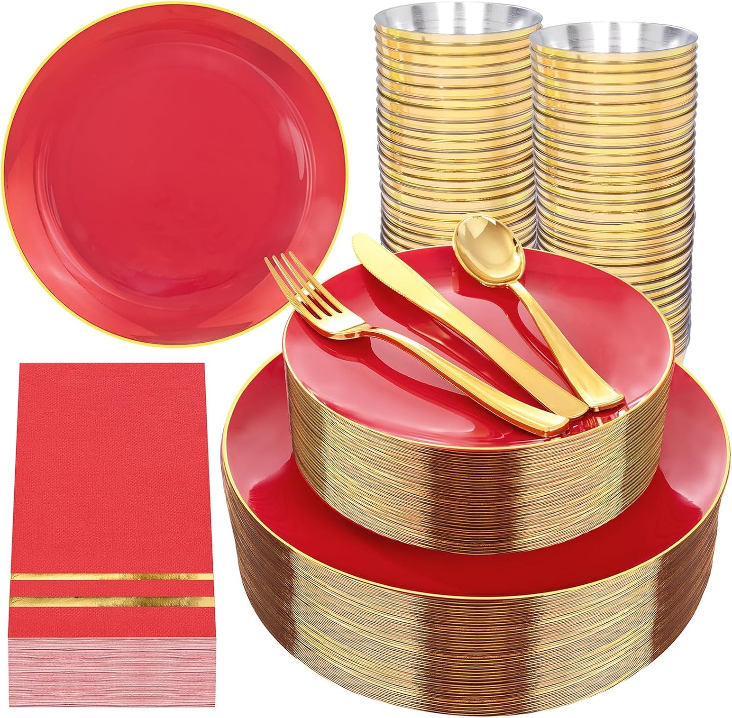 NOCCUR 350PCS Red Plastic Plates - Disposable Red Gold Dinnerware Set for 50 Guests, 100 Dinner/Dessert Plates, 150 Gold Silverware, 50 Cups&50 Napkins for Party/Wedding/Birthday/Christmas
