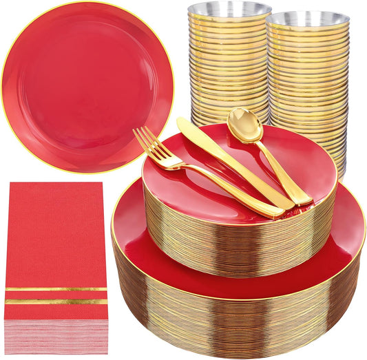 NOCCUR 350PCS Red Plastic Plates - Disposable Red Gold Dinnerware Set for 50 Guests, 100 Dinner/Dessert Plates, 150 Gold Silverware, 50 Cups&50 Napkins for Party/Wedding/Birthday/Christmas