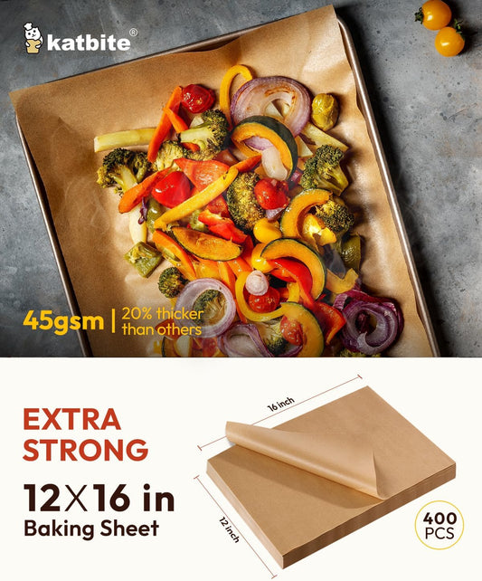 Katbite 400PCS Unbleached Parchment Paper Sheets, 12 x 16 IN Pre-Cut Baking Parchment, Heavy Duty Non-Stick Baking Paper for Half Sheet Cookie Bread Cake Pans, Grilling Meat Pizza,Oven,Air Fryer