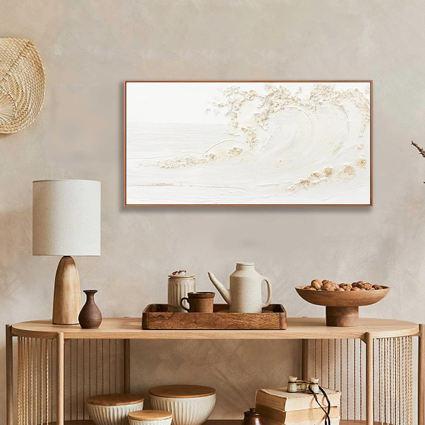 Wall Art Small Size Framed Home Artwork Decor Hand Painted White wave with golden embellishments Modern Canvas Painting For Living Room Decor For Bedroom Office Wall Decor 20"X 40"