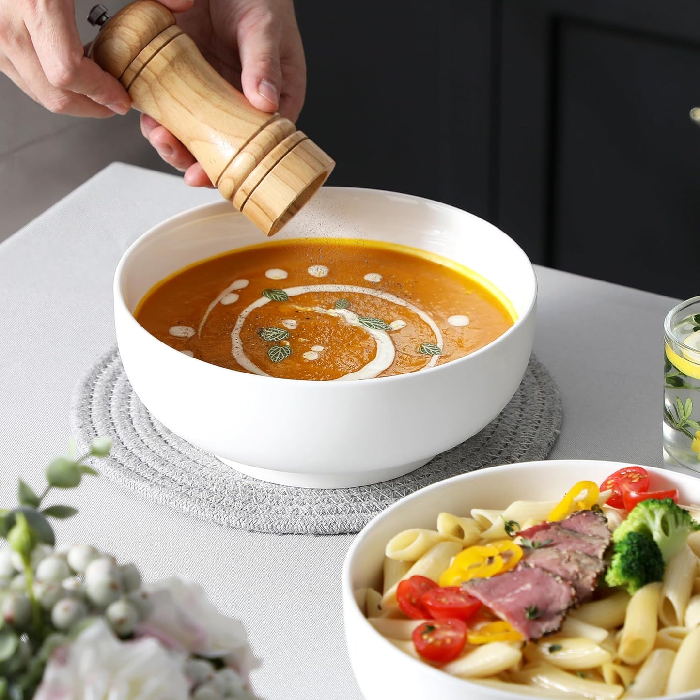 MALACASA Large Serving Bowls - 60 OZ (8") Salad Bowls Set of 2, White Mixing Bowls for Kitchen, Soup, Pasta and Dinner, Large Salad Bowls Set, Dishwasher & Oven Safe, Series REGULAR