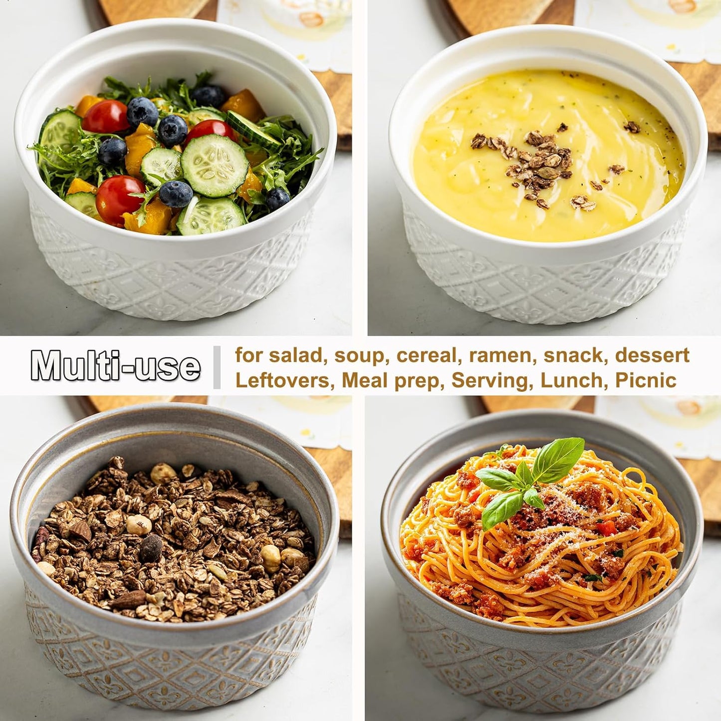 40 Oz Ceramic Airtight Bowls Set of 4 - Large Mixing Bowls with Lids Set for Salad, Pho, Soup, Pasta, Dessert, Serving, Oatmeal, Baking Dishes, Dishwasher & Microwave Safe, Beige