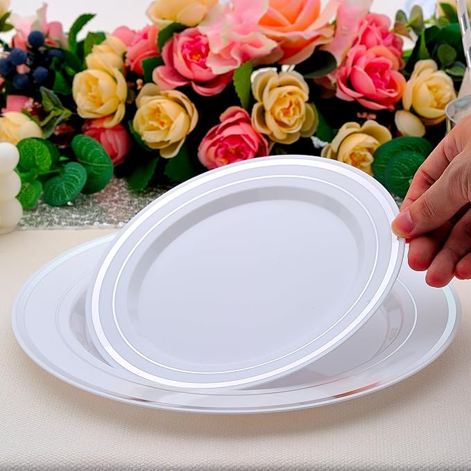 700 PCS Silver Plastic Dinnerware for 100 Guests, Silver Disposable Plate for Party Wedding with 100 Dinner Plates, 100 Dessert Plates, 100 Silverware Set, 100 Cups, 100 Napkins