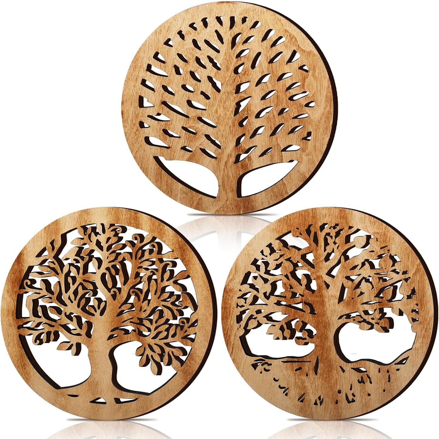 3 Pcs Life Tree Wooden Trivets for Hot Dishes 8 Rustic Round Tree Trivet Set Hot Plate Holders Heat Resistant Polite Trees Coasters for Table Dishes Pots and Pans(Light Wood Color)
